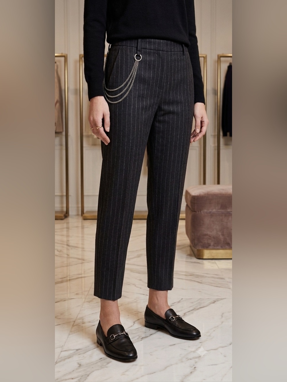 Brunello Cucinelli Italian Wool Pinstripe Pants With Chain Detail Womens Size 12